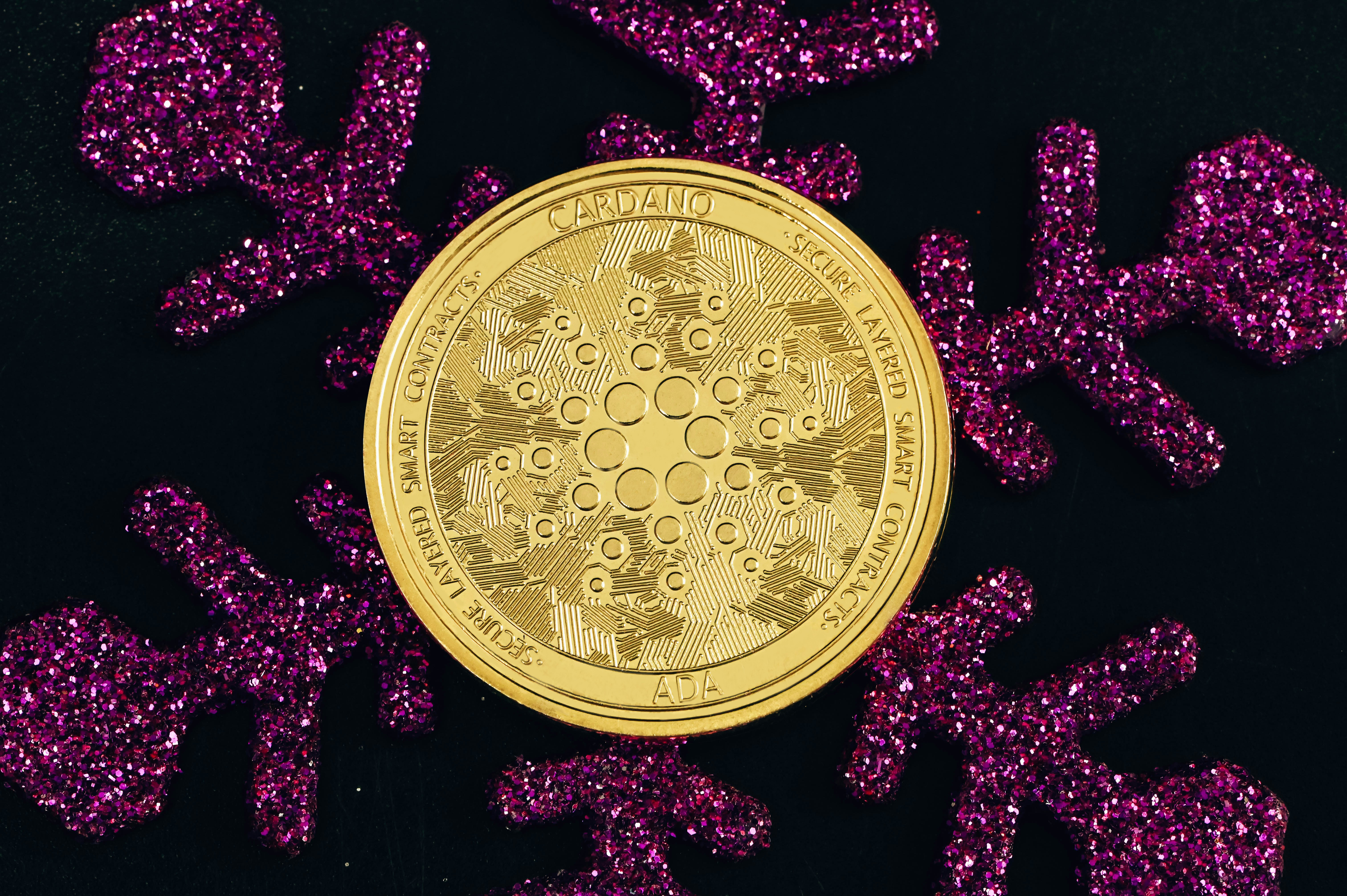 An ADA coin placed on a purple glitter snowflake